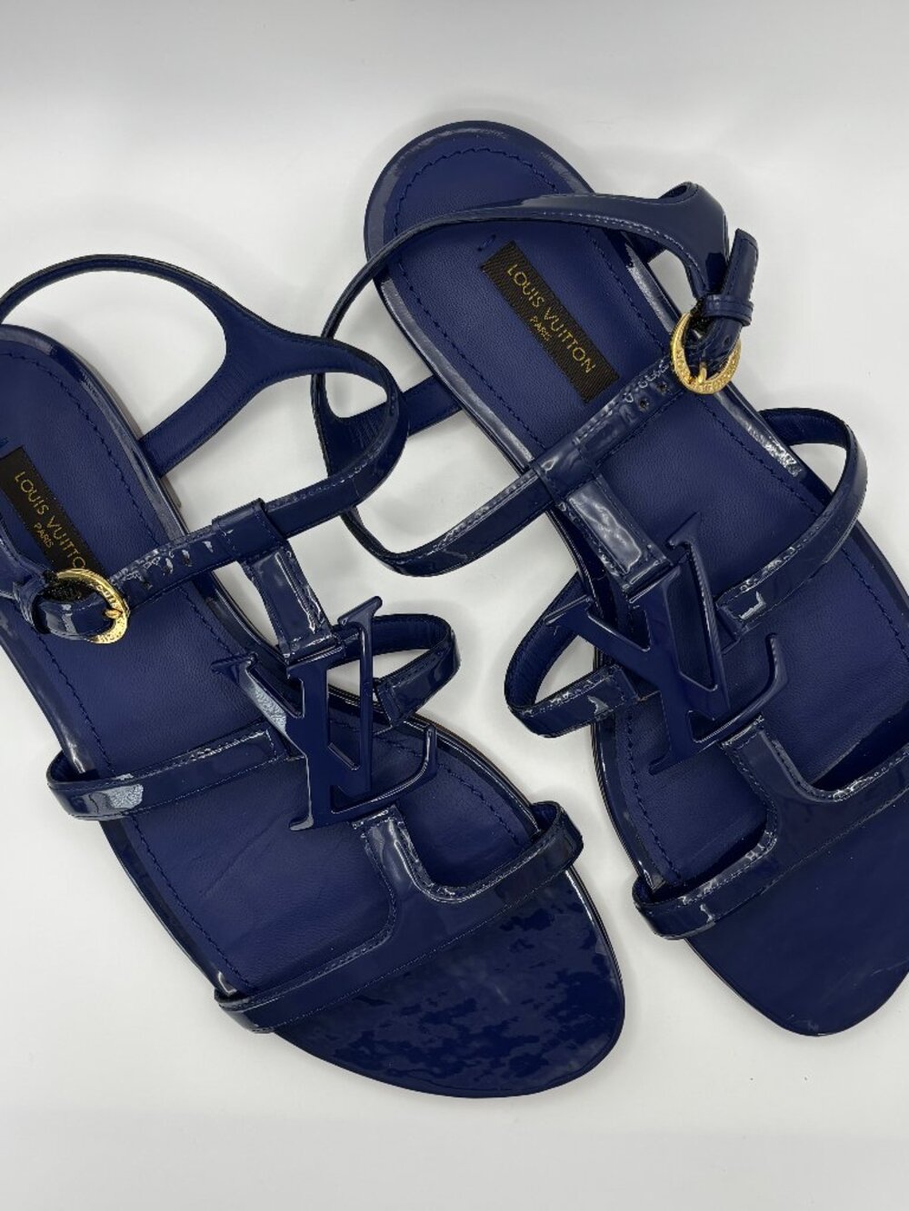 Louis Vuitton Blue Patent Leather Passy Slingback Sandals Size 39 LV Navy Y2K